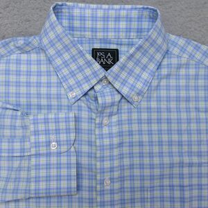 Jos A Bank Traveler Shirt Men 16-34 Tradition Blue Plaid Button Down Long Sleeve